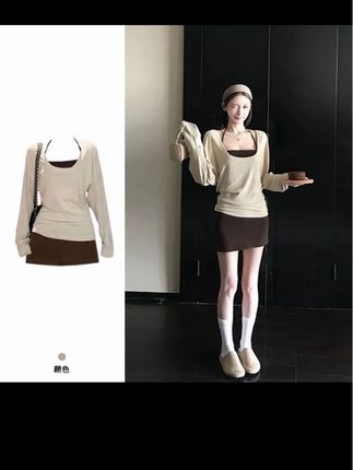 8907# 慵懒长袖T恤挂脖背心短裙半身裙3件套入秋穿搭一整套女装#百搭显瘦 #今日穿搭 #气质范 #慵懒风穿搭