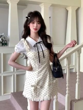 #158小个子穿搭 #连衣裙甜美 #夏季穿搭 #女装 法式千金风领波点假两件连衣裙女夏季新款设计感蝴蝶结短裙子
