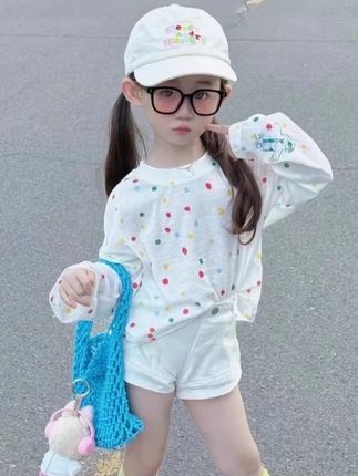 女童时髦套装2025夏季新款儿童圆点印花防晒衫T恤女宝宝儿童服装,#儿童套装#儿童防晒穿搭#儿童衣服#夏季穿搭#百搭