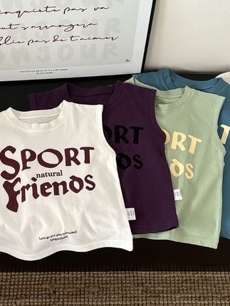 儿童纯棉背心夏季印花字母韩版男女宝T恤无袖薄款坎肩糖果色562#儿童无袖背心#儿童背心#儿童无袖T恤#儿童T恤#T恤