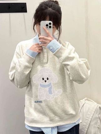 早秋穿搭韩系学院风小狗刺绣穿搭卫衣外套女假两件长袖上衣#休闲穿搭 #韩系穿搭 #学院风卫衣#假两件卫衣#拼接上衣