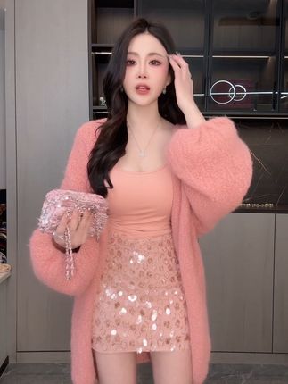 秋冬新款女装时尚毛衣外套女韩版慵懒风软糯泡泡袖针织大衣开衫女