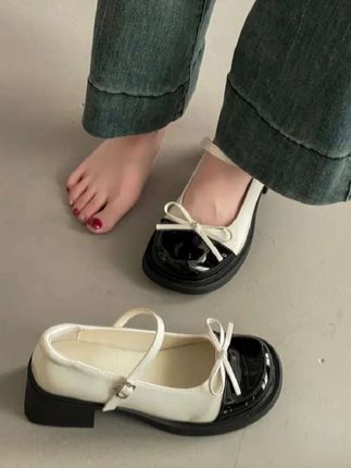 OJRZ玛丽珍小皮鞋高跟鞋复古法式浅口厚底蝴蝶结单鞋女鞋圆头银色