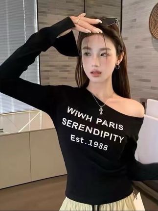 印花字母长袖T恤显瘦辣妹正肩t恤时尚秋季#御姐风穿搭 #气质御姐 #辣妹穿搭 #显瘦搭配 #气质范