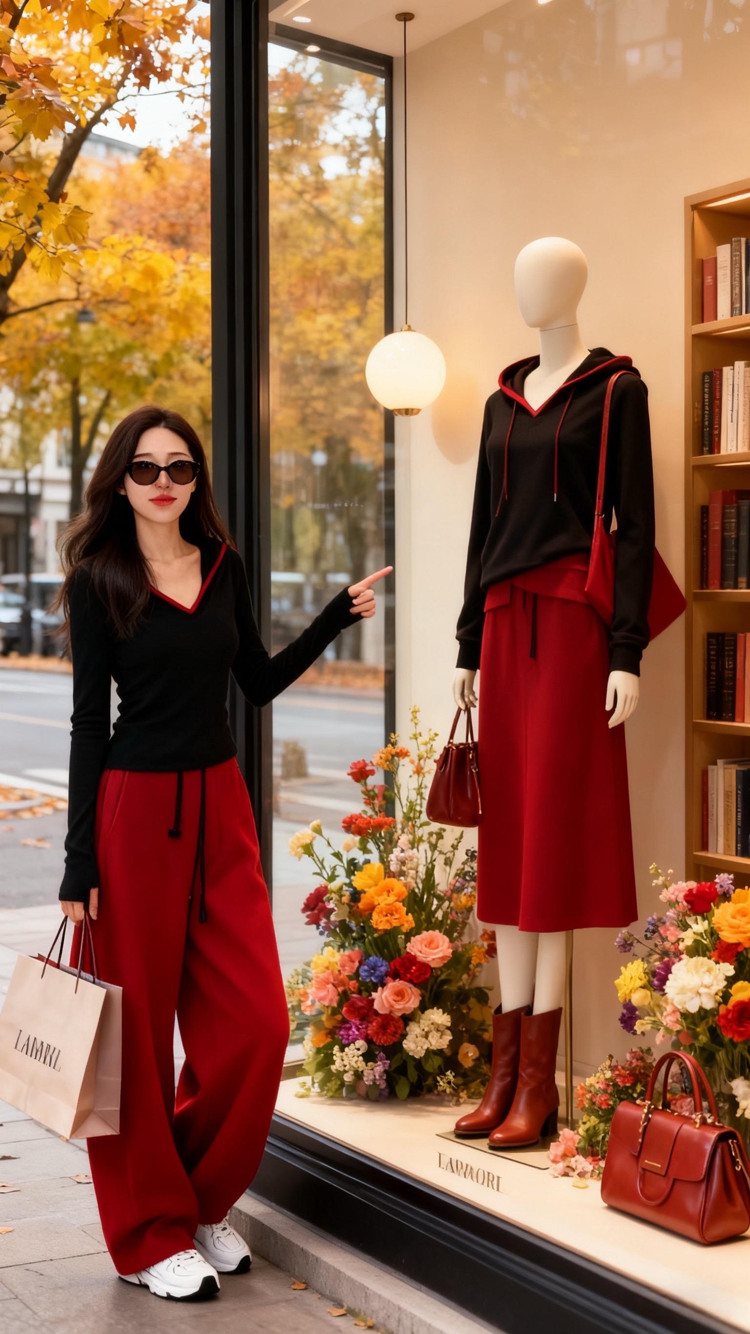 早秋懒人穿搭。💥早秋“懒人穿搭”天花板来啦!这套黑红撞色套装直接把时髦与舒适焊死!  上衣是带帽V领针织衫,修身版型把曲线衬得绝绝子,黑红拼接设计瞬间点亮造型;下装是垂坠感满分的红色阔腿裤,高腰抽绳设计巨显腿长,走路带风的质感谁穿谁爱~  不管是日常出街、上班通勤,还是和小姐妹约咖啡,一套搞定所有场合!搭配小白鞋休闲随性,换双高跟鞋又能秒变轻熟风,一件多穿的性价比直接拉满!  别犹豫,这个秋天的时尚感,就让它来承包!