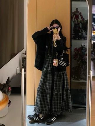 #慵懒风长袖宽松外套格子背心连衣裙两件套 #慵懒松弛感穿搭 #穿搭分享 #时尚穿搭 #时髦洋气