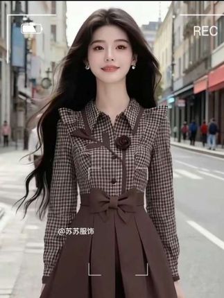 时尚新款休闲通勤风棕色翻领长袖收腰拼接连衣裙女显瘦气质短裙#谁穿谁好看@DOU+上热门