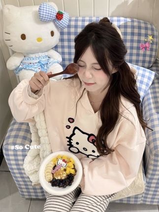 【帝韵】韩版粉色卡通kt猫刺绣卫衣外套女新款早秋穿搭宽松连帽上衣#卡通卫衣 #宽松卫衣 #百搭卫衣 #连帽卫衣 #早秋卫衣