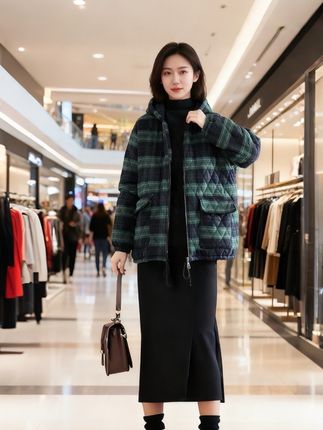 秋冬款宽松韩版休闲连帽外套 妈妈大码女装棉袄格子棉衣#时尚妈妈装 #休闲百搭 #外套穿搭 #中年女装穿搭 @DOU+小助手