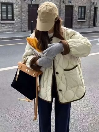 小香风大码棉服菱形格轻薄翻领棉衣2024年秋冬新款棉衣胖mm棉衣女