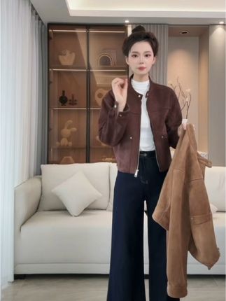 高级感立领鹿皮绒短款外套女欧洲站2025秋季新款直筒百搭夹克上衣@DOU+小助手