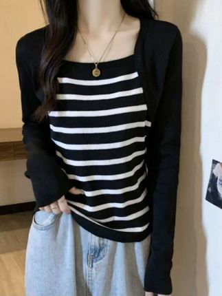 #谁穿谁好看 大码女装遮肚子假两件长袖打底衫女春秋胖MM遮肉显瘦条纹针织上衣#简约穿搭 #穿出高级感 #慵懒风穿搭 #高级感穿搭