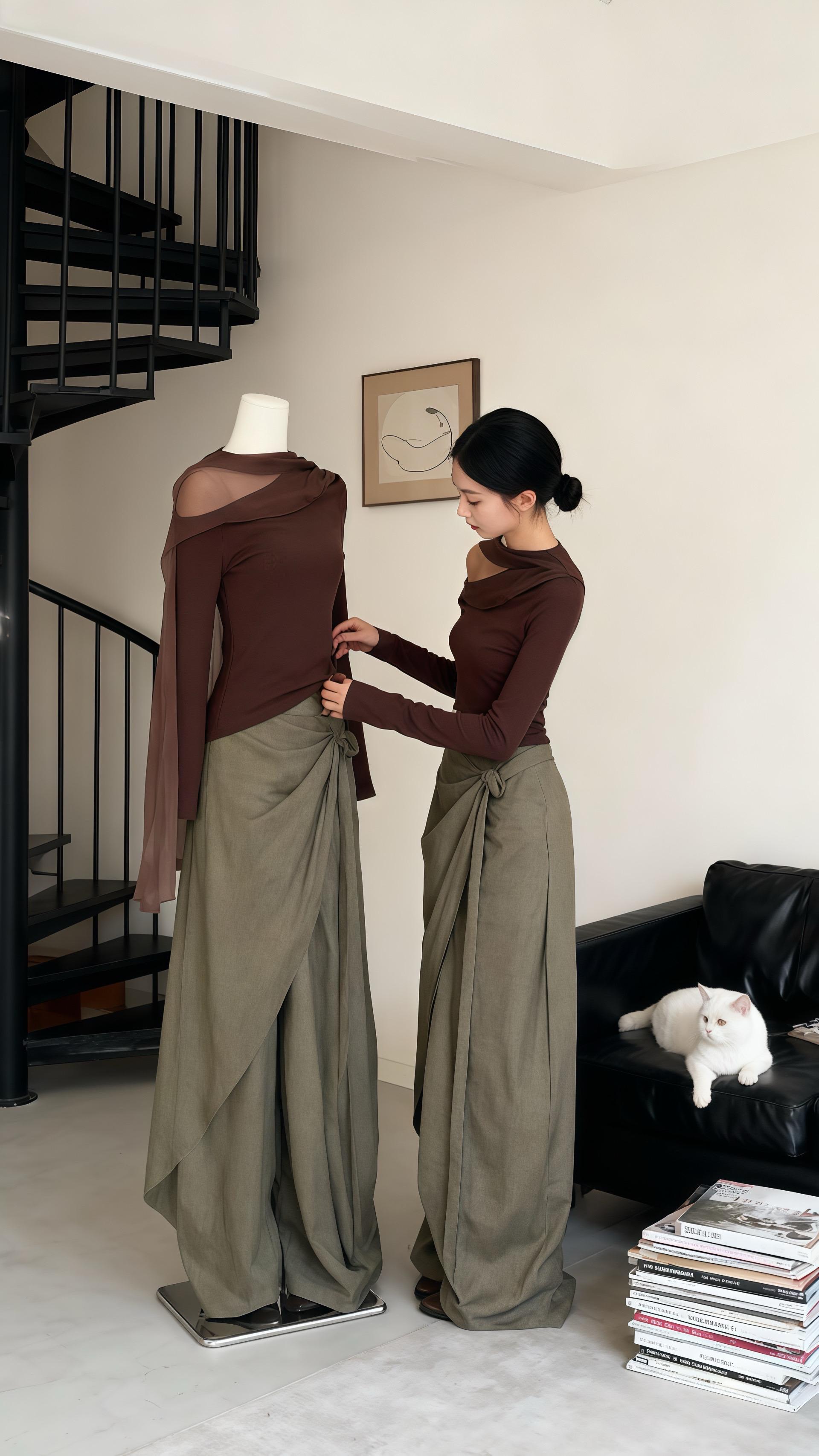 《画布与时光》 林夏总在画室的螺旋楼梯下,对着画架上的自己出神。那件赭石色露肩上衣,是她亲手裁制的第一缕梦,橄榄绿裙裾垂坠如流动的心事。 她把裙角在人体模型上系了又解,像在丈量灵感与现实的距离。直到那日,她抱着布偶猫坐在落地窗边,阳光把衣褶熨成温柔的波浪——原来不必执着于画布的复刻,当布料裹住真实的体温,当猫爪轻轻搭在裙边, 时尚便成了带着呼吸的生活,而她终在时光里,画出了最生动的自己。#高级感穿搭 #极简穿搭 #简约大气 #高级感穿搭分享 #每日搭配分享