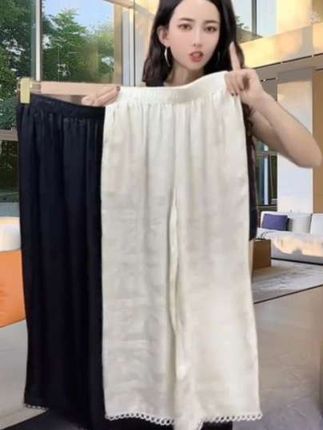 【春秋季冰丝缎面提花裤子女薄款花边直筒阔腿裤新中式国风休闲裤】#百搭裤子 #时尚阔腿休闲裤#好穿又好搭 #谁穿谁好看系列