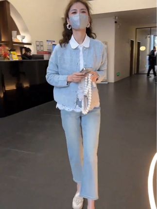 早春一整套女装2025新款韩版温柔毛衣蕾丝百搭开衫直筒长裤三件套