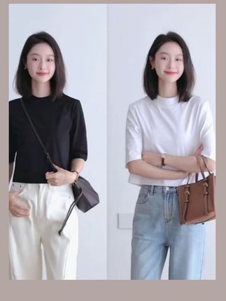 正肩短款T恤女款五分中袖体恤白色高腰显瘦百搭小半高领上衣夏季#女装 #T恤