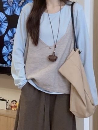 #陪你快乐每一天 #女装#新款#显瘦#上衣 【大码】075韩剧女主穿搭套装女别致设计感叠穿吊带背心两件套