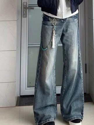 闪电纹牛仔裤 #弯刀牛仔裤#复古蓝宽松牛仔裤#美式穿搭#男生男裤穿搭