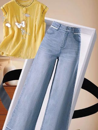 2025新款夏季薄款洋气烟灰色阔腿牛仔裤女小个子宽松直筒九分裤#强烈推荐 #百搭裤子 #品质女装 #显瘦牛仔裤 #显高显瘦显腿长