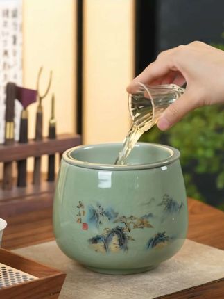 #圣凌哥窑大号茶渣缸#带过滤陶瓷茶洗盆#茶道配件#大容量家用水盂#茶渣缸 还可以用它养小鱼