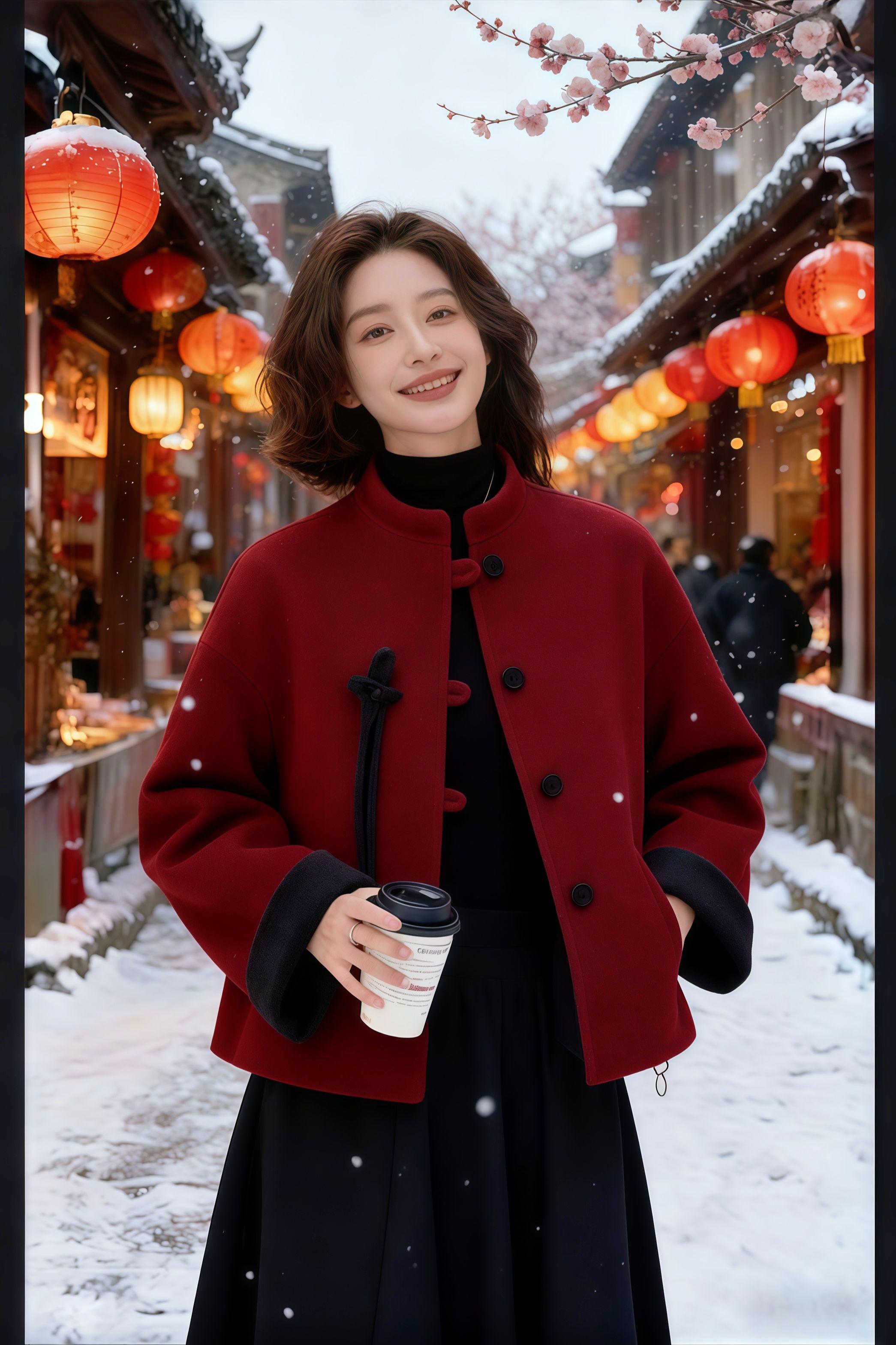 在江南雪巷的红灯笼与梅枝间,她身着中式红色短款呢外套,似从旧时光里走来。手中的咖啡杯氤氲着暖意,与这落雪古街碰撞出奇妙的火花。她是传统与现代的融合,在雪的素净与灯笼的热烈中,书写着属于自己的冬日时尚故事,每一步都像是在演绎一场跨越时空的穿搭美学,把江南的雅致与都市的精致,都穿在了身上。#中式服装 #国风新时尚 #天青色等烟雨而我在等你 #秀出新国风 #今天穿什么 @抖加🔥上热门🔥dou+🔥热点宝 @上热门🔥🔥🔥