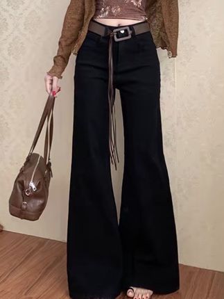 黑色高级不贴腿微喇牛仔裤女2025早秋新款高腰宽松弹力显瘦拖地裤#高级显瘦#微喇牛仔裤#早秋新款