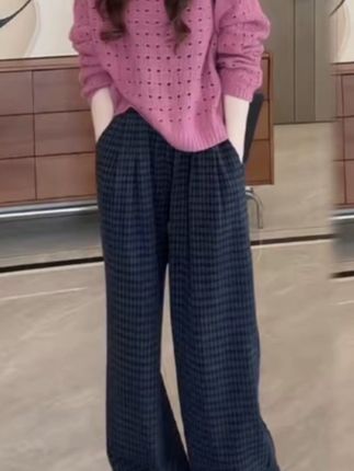 老钱风松驰感套装女2025春秋新款镂空 长袖针织衫毛衣阔腿裤两件套#显瘦遮肉