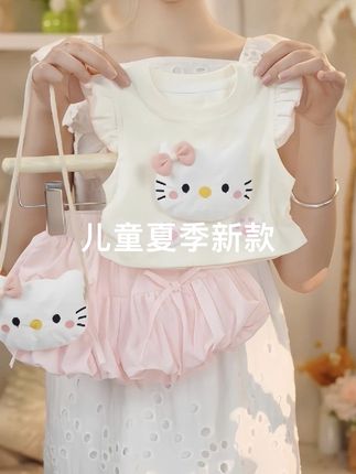 2025年夏季新款女童可爱飞袖儿童粉色公主甜美猫咪套装#儿童#生女儿就要这样穿 #夏款上新 #显瘦#萌宝穿搭