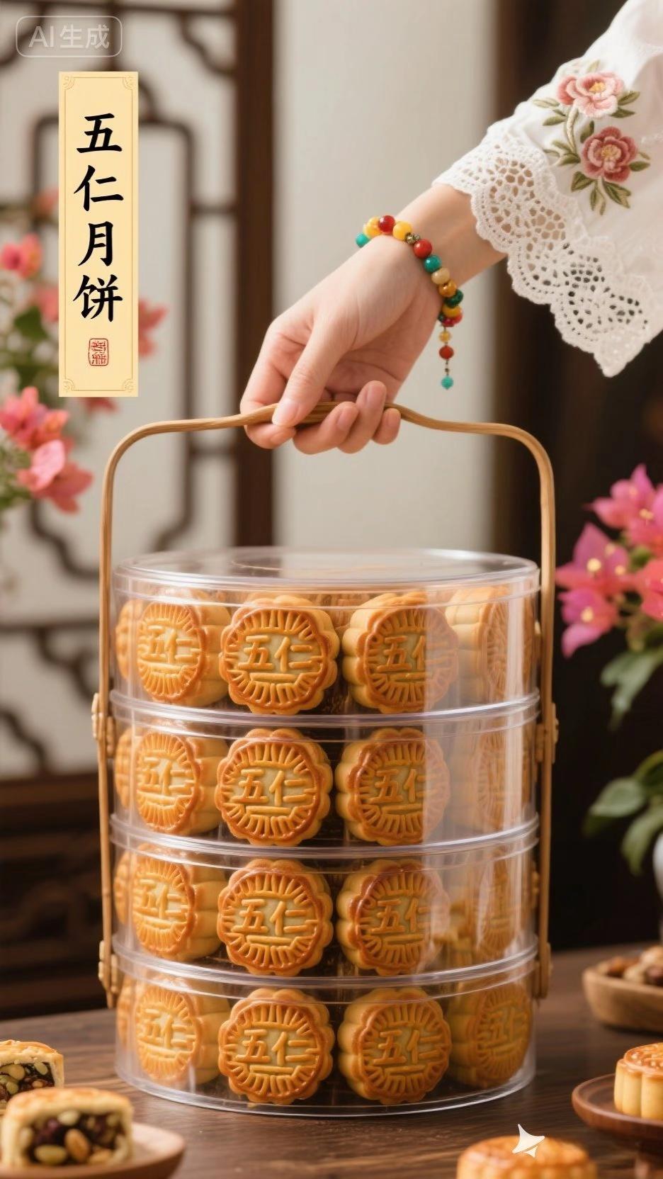 传统五仁月饼,是中秋的味觉印记。核桃脆、杏仁醇、花生满、瓜子酥、芝麻绵,每一口都是坚果与果脯的交响,饼皮与馅料的相拥,咬下去,团圆的滋味在唇齿间蔓延,是家的味道,更是中秋独有的硬核浪漫。