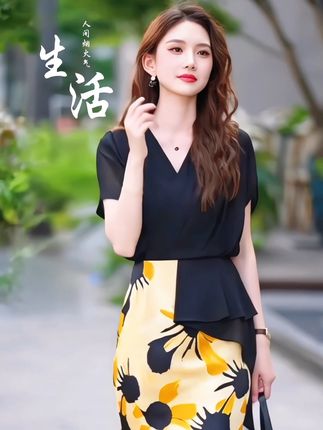 时尚气质通勤修身V领连衣裙,高腰印花荷叶边中长款裙子女夏季新款。#连衣裙#高腰连衣裙#气质穿搭#穿出女人味#时尚洋气