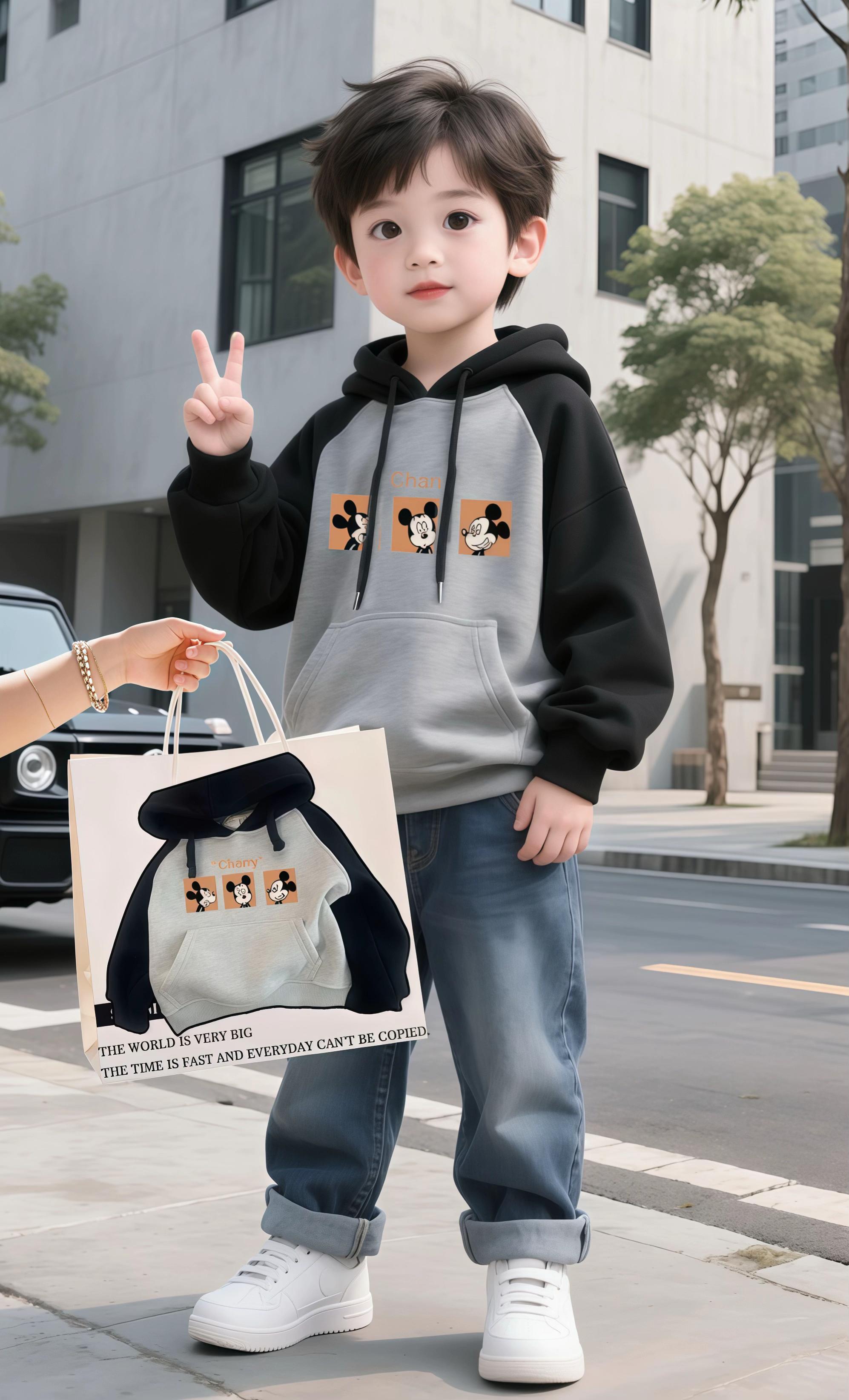 👦男宝穿搭|连帽卫衣也太戳萌点了吧! 灰黑拼色插肩袖设计,复古又潮酷~胸前米奇图案童趣满分,连帽抽绳+大口袋,实用又出片!搭配牛仔裤和小白鞋,日常出街、上学都合适,娃穿上直接帅到心坎里~ #男童穿搭 #儿童卫衣 #米奇童装 #宝宝日常穿搭#今日分享