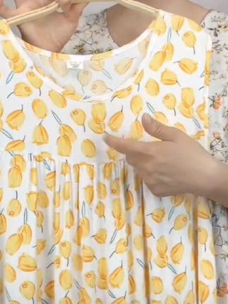 女薄款简约短袖夏季碎花睡裙女士居家家居服中长裙妈妈装印花女装