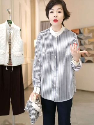 立领条纹长袖开衫上衣:/ 简约百搭衬衫女#休闲搭配 #休闲上衣 #气质时尚穿搭 #简约时尚