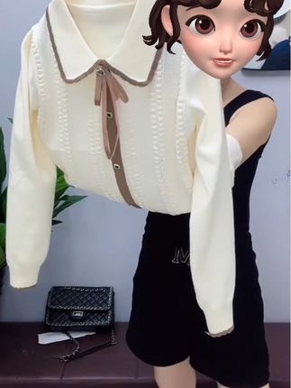 秋季长袖娃娃领针织衫气质减龄显瘦小香风打底衫长袖宽松时尚气质