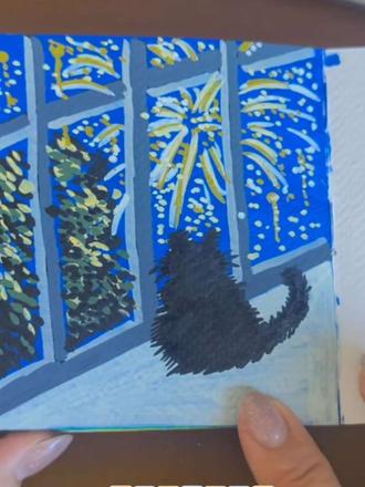 今天画蹲窗边看烟花的小猫咪#丙烯马克笔 #跟着抖音学画画 #绘画教程 #画画 #手绘