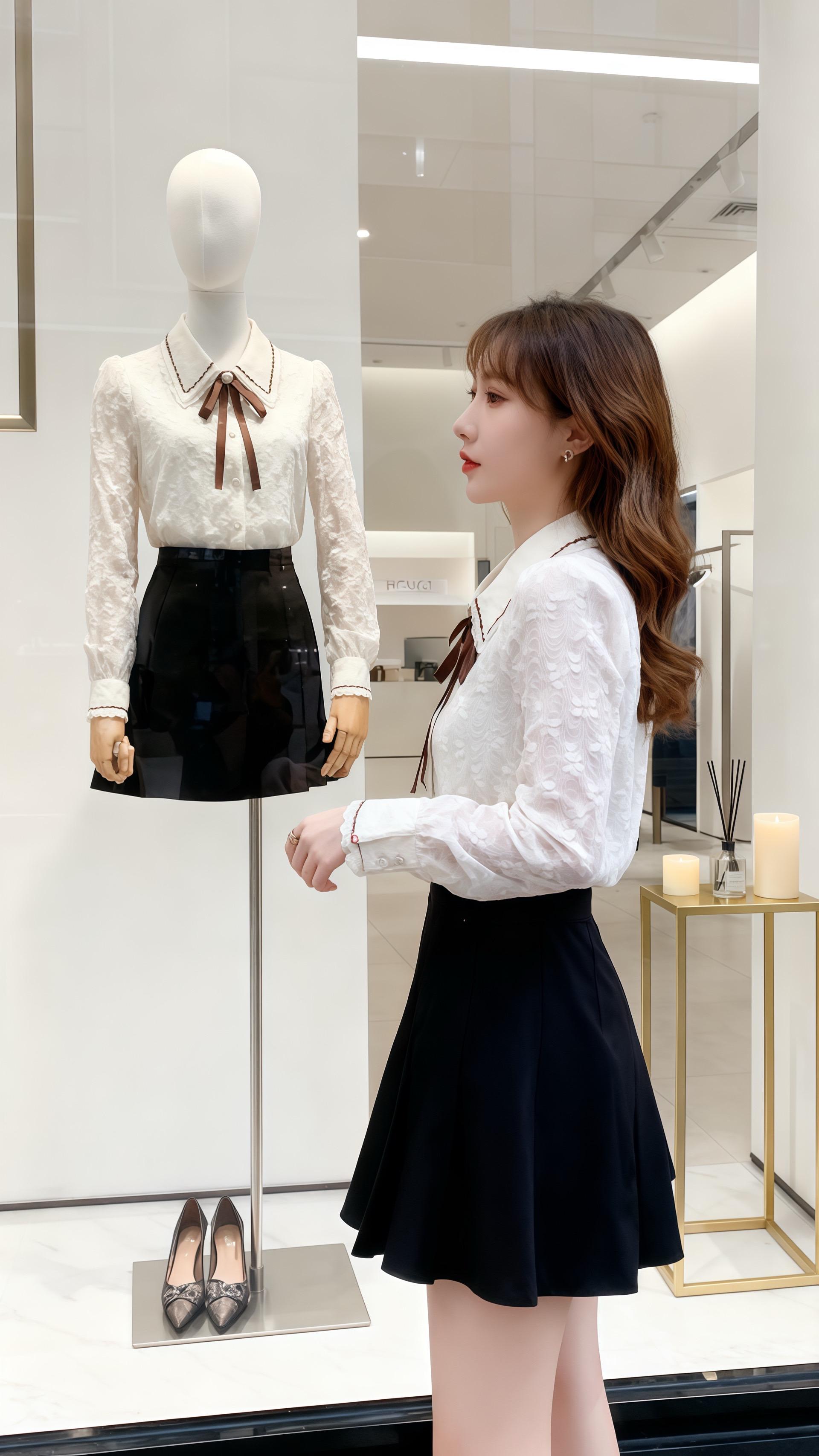 在简约现代的服装店里,她与橱窗里的“另一个自己”不期而遇。同款蕾丝衬衫,在人体模特与她身上演绎出同样的精致格调。落地橱窗里,包包、粉色鲜花与高大花瓶点缀出温馨时尚感,她指尖轻触模特上衣,仿佛在与时尚对话,每一处陈列都将优雅与格调融合,让穿搭的魅力在此刻尽情绽放。#温柔穿搭 #通勤搭配 #大大方方通勤穿搭 #秋冬基础款打底合集 #早秋黑白灰穿搭测评