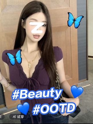 【现货!!!】法式设计感纯欲甜辣妹短袖别致紫色v领蕾丝拼接上 #气质穿搭 #辣妹穿搭分享 #穿搭 #显瘦穿搭