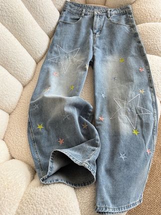 高个子加长美式复古星星刺绣弯刀牛仔裤女宽松百搭显瘦阔腿拖地裤#美式复古弯刀裤#宽松显瘦#百搭#阔腿拖地裤#星星刺绣牛仔裤