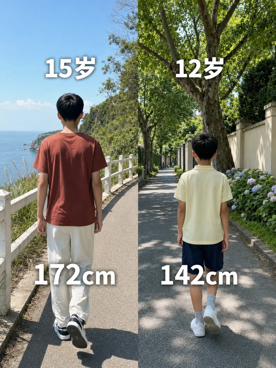 亲身踩过无数长高坑,今天分享儿子三年追高故事!左右两张背影是 - 抖音