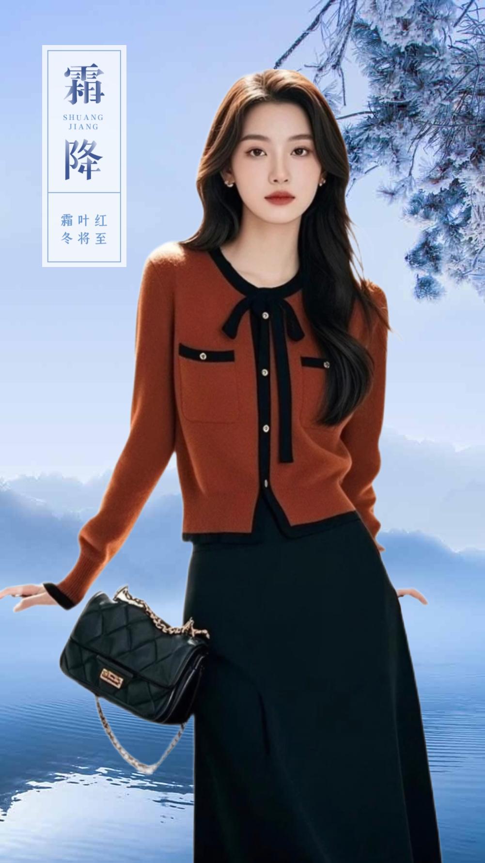 小香风蝴蝶结高腰半身裙。这套衣服走的是优雅干练的轻熟风,整体搭配精致且富有层次感:是一件棕红色的短款针织开衫,领口和门襟处用黑色镶边点缀,增添了精致感;领口的黑色蝴蝶结设计,为整体注入了一丝甜美柔美元素;胸前的假口袋(带金属扣装饰)则呼应了“小香风”的经典细节,提升了复古优雅气质。搭配一条黑色的中长款半身裙,简约的剪裁利落大气,与上衣形成色彩和风格的平衡,凸显知性稳重感。搭配的黑色菱格纹链条包,与整体穿搭的色调、风格相呼应,进一步强化了精致感,让整套造型更具完美#小香风蝴蝶结高腰半身裙套装#显瘦显高显气质 #气质女神穿搭 #每天学习一点点 #时尚洋气减龄穿搭