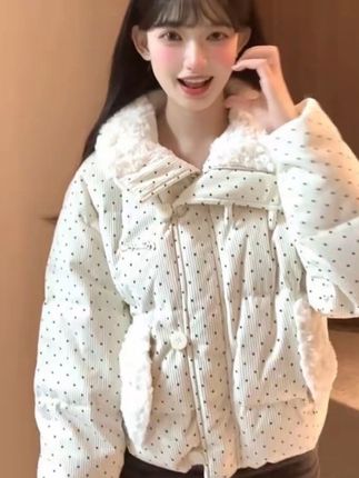 韩系设计波点棉服毛领冬季甜美新款加厚宽松棉袄外套面包短款棉服#甜妹风 #高品质童装 #甜美穿搭 #生女儿就要这样穿 #女宝穿搭