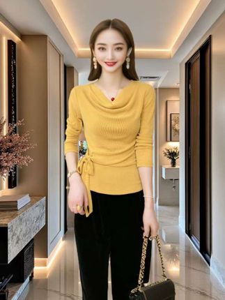 #秋季纯色弹力打底衫#洋气堆堆领系带长袖#时尚打底衫#减龄气质 #优雅气质 #春秋新款 #百搭显瘦