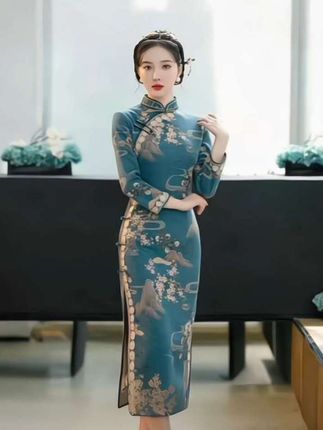 复古中国风九分袖旗袍,日常气质旗袍#气质穿搭