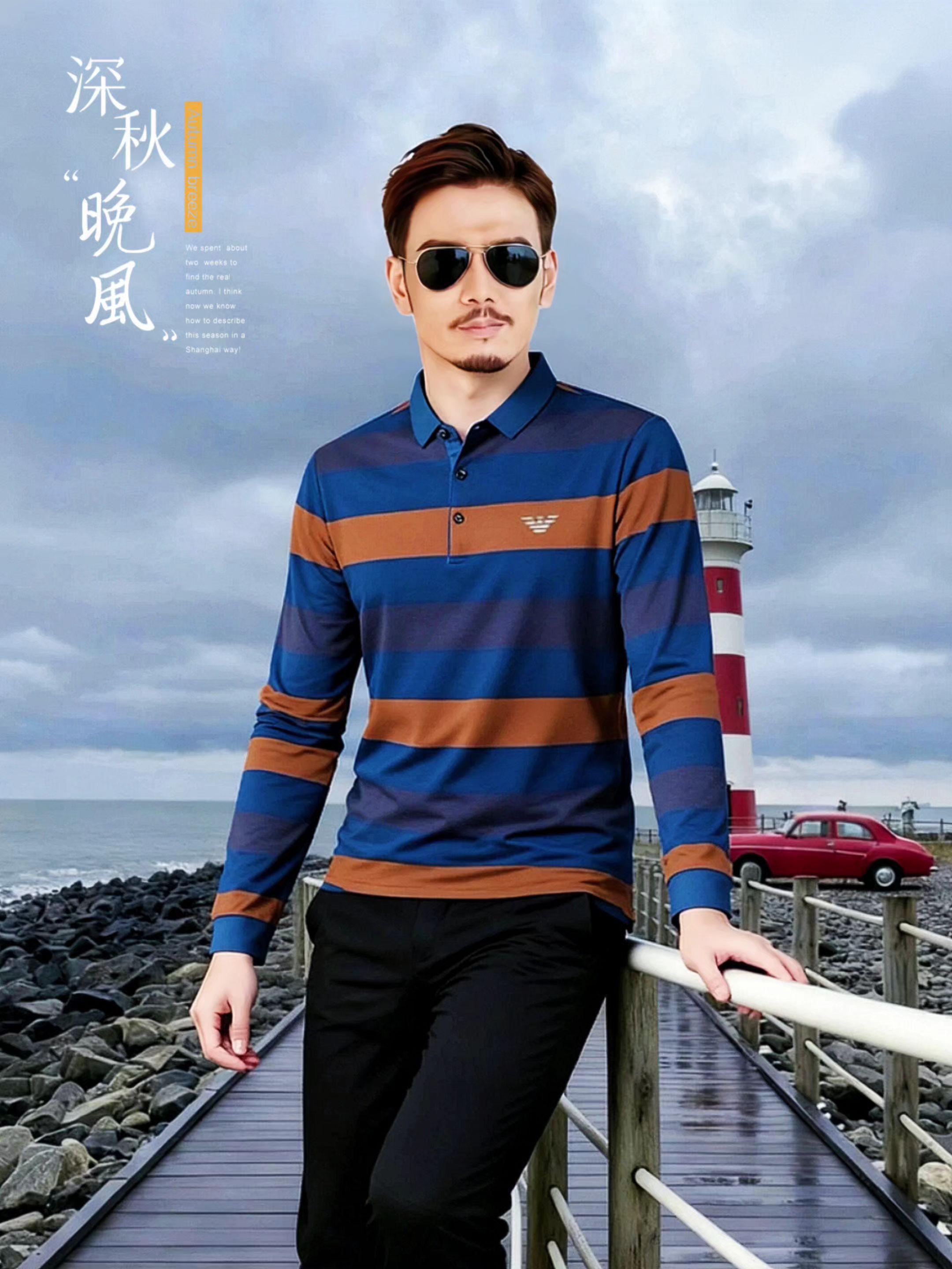 专柜正品条纹长袖T恤男秋季休闲时尚百搭轻奢透气翻领打底POLO衫#品质男装 #春秋穿搭 #polo衫 #长袖t恤 #男生穿搭