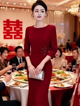 #优雅七分袖女装连衣裙#参加婚礼宴会礼服裙#中长款修身鱼尾#订钻气质连衣裙