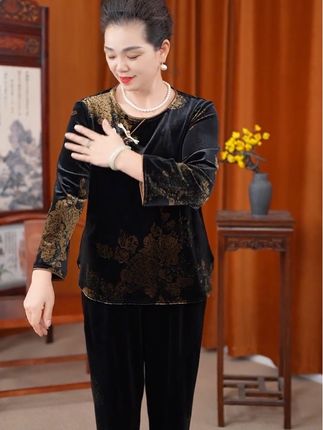 #秋季新中式时尚圆领盘扣拼接金丝绒两件套妈妈秋装大码国风套装女
