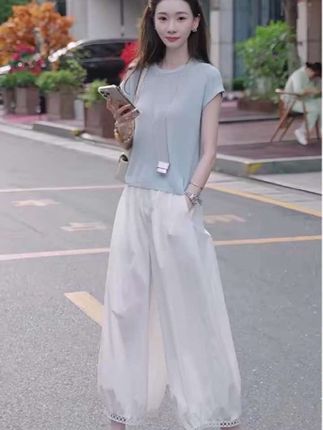 休闲风减龄小众设计感短袖洋气法式通勤时尚套装阔腿裤裤子两件套