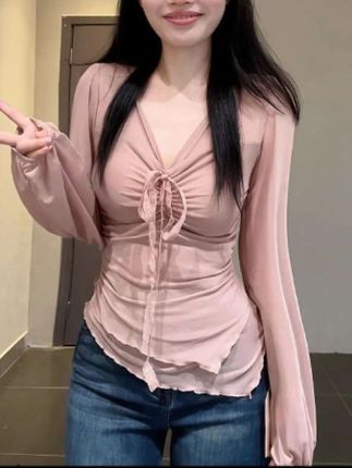 大码胖MM纯欲风褶皱系带V领T恤女秋季2025新款设计感显瘦气质上衣#辣妹穿搭 #气质范 #设计感 #显瘦气质 #强烈推荐