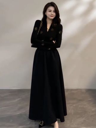 【大婷婷】法式新款烫钻太阳花长袖时尚显瘦气质秋季连衣裙DT1600#高级感穿搭 #气场全开 #裙装穿搭 #新款连衣裙 #牛仔连衣裙