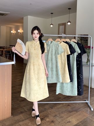 新款旗袍胖mm大码女国风新中式长短款夏装连衣裙22158+22159#新中式#连衣裙#旗袍#大码女装